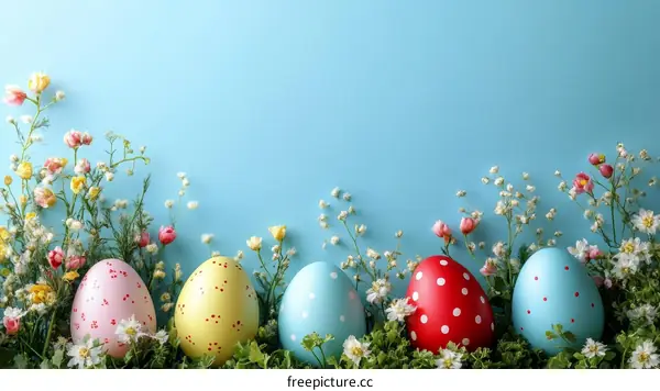 Easter Eggs Decorated with Flowers on Pastel Background