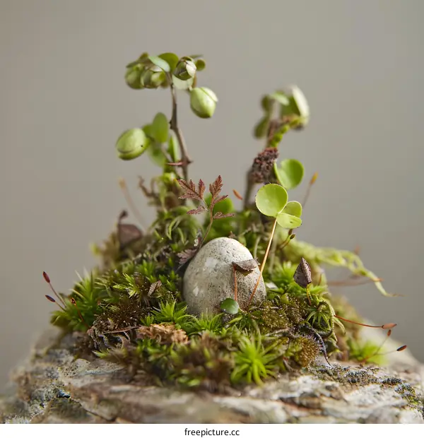 Tiny Green Mossy Landscape with a Stone Egg