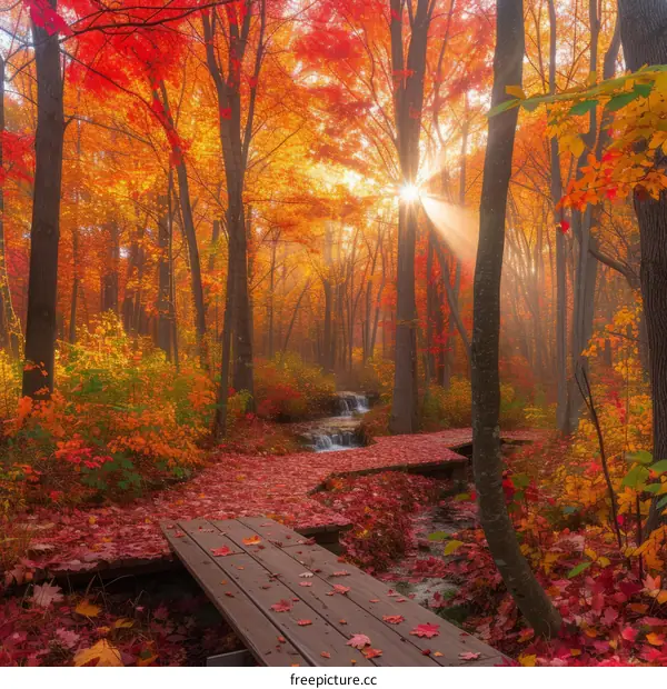 Wooden bridge in the middle of a beautiful forest with red and yellow fall foliage