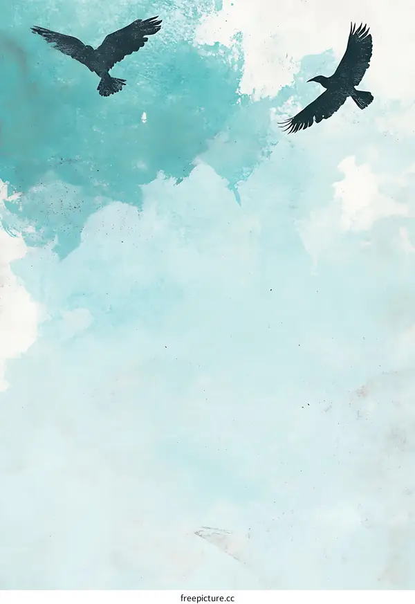 Abstract Watercolor Painting with Two Black Birds Flying in the Sky