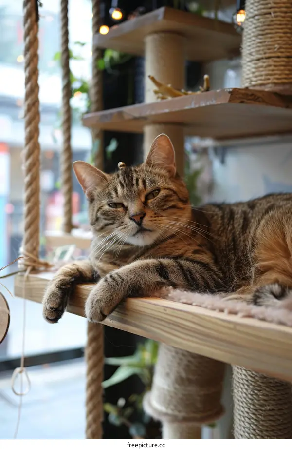 A ginger cat is lying on a wooden shelf in a cat cafe