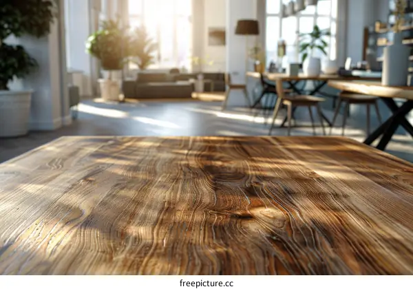Rustic wooden table in a modern home interior with blurred background