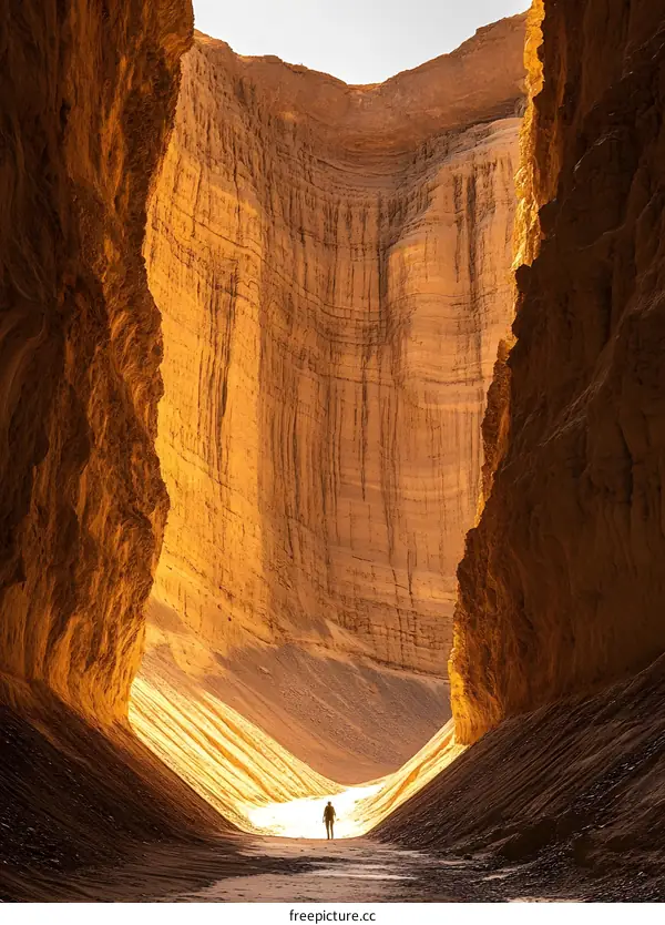 A Single Person Walking Through a Narrow Canyon in the Desert