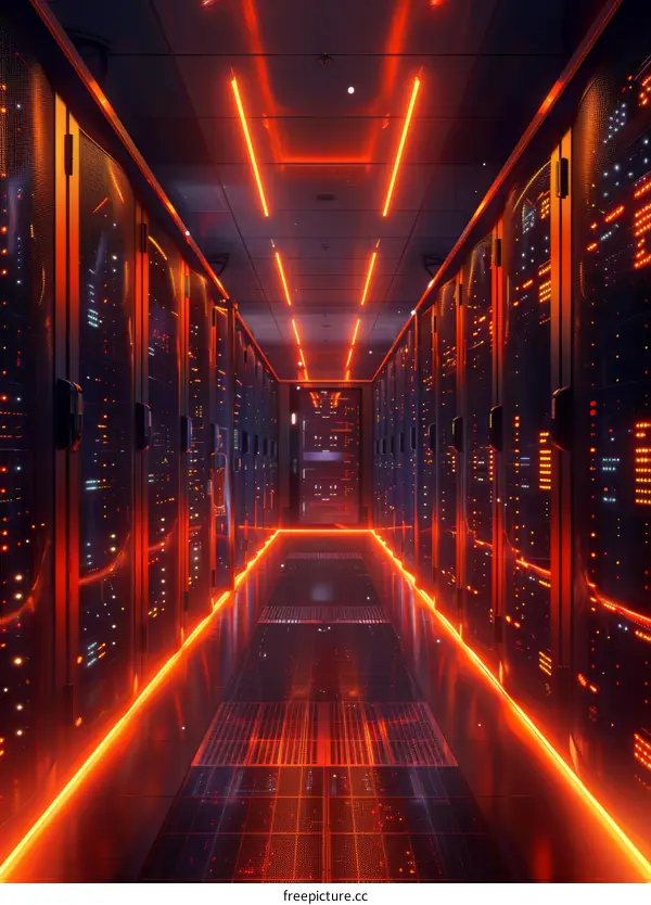 Futuristic Sci-Fi Server Room With Glowing Red Lights