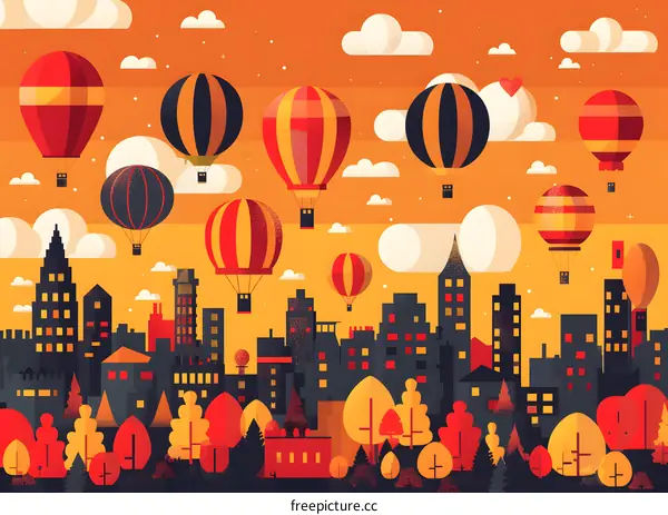 Hot Air Balloons Flying Over City Skyline in Autumn