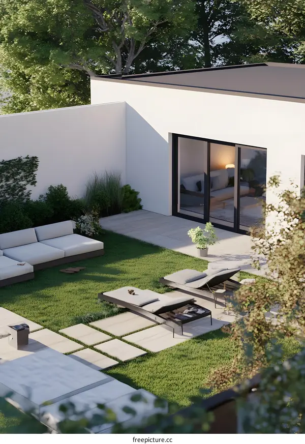 Modern House with Green Grass Garden and Patio Furniture