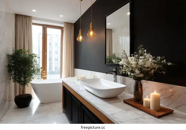 Modern Luxurious Bathroom with Marble and Black Accents