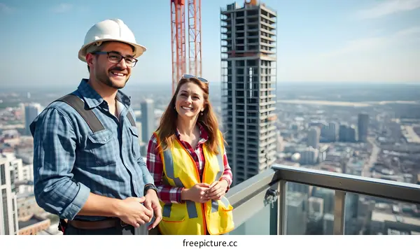 Construction Workers on Rooftop Looking at City