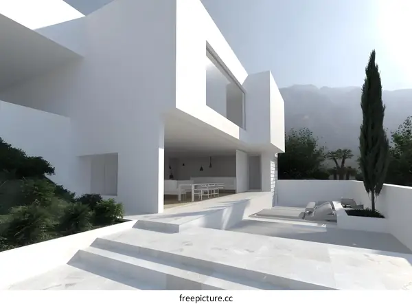 Modern White Minimalist House Exterior With Pool and Patio