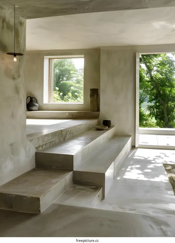 Modern Concrete Stairs and Open Windows