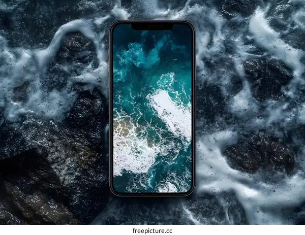 Smartphone With Ocean View Wallpaper On Wet Rocks