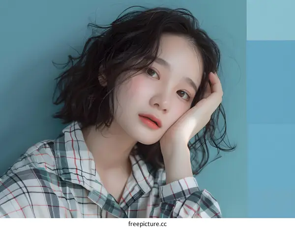 Portrait of Young Asian Woman with Short Hair Wearing Plaid Shirt Against a Blue Background