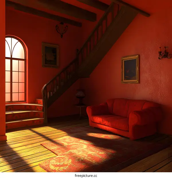 Red Interior Design With Stairs and a Couch