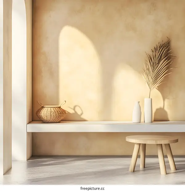 Minimalist Interior Design With Wooden Table And Wicker Basket