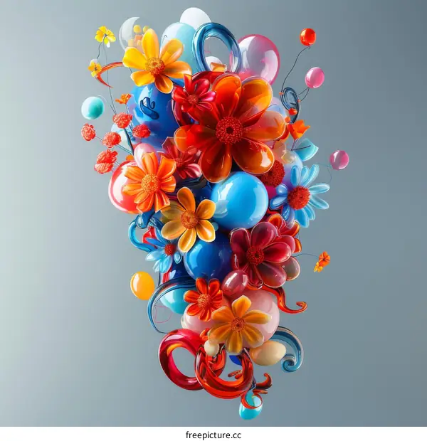 Colorful 3D flowers and balloons