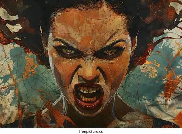 A womans face with a screaming expression