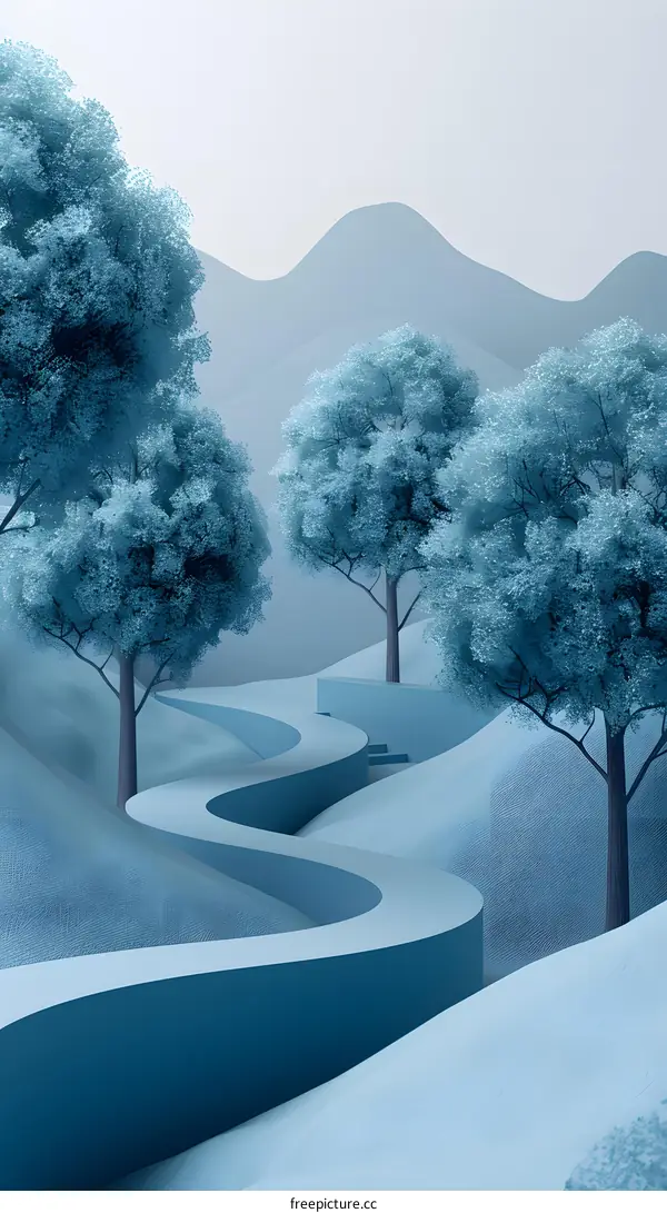 Abstract Blue Landscape with Winding Path