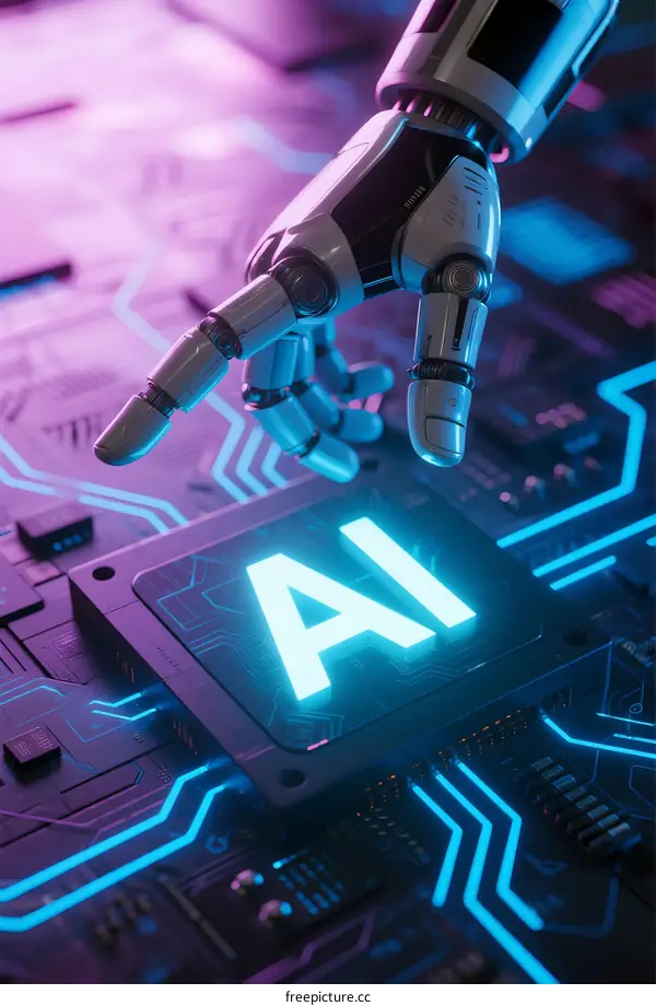 Robotic Hand Touching AI Text on Circuit Board