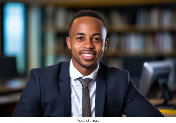 A young African-American professional man in a suit and tie smiles at the camera.