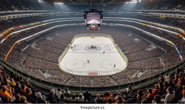 Ice hockey game at a stadium with many spectators