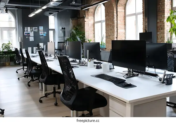 Modern Open Plan Office Workspace with Multiple Desks