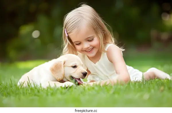 Little Girl Playing with Puppy in the Grass