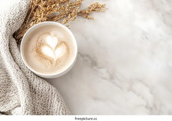 Warm Latte with Knit Blanket and Dried Flowers on White Marble Table