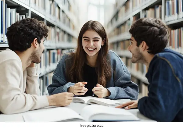 Three Students Laughing in a Library