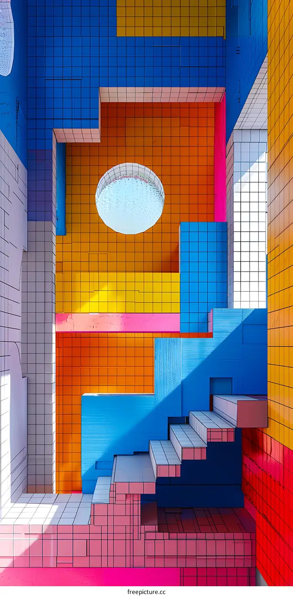 3D rendering of a colorful room with stairs