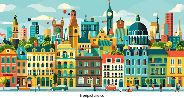Colorful Illustration of a Cityscape with People Walking on the Sidewalk