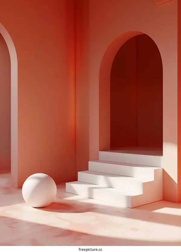 Minimalist  Interior Design with Red Walls White Steps and Sphere