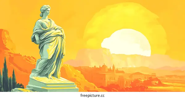 Ancient Roman Statue with a Large Sun in the Background