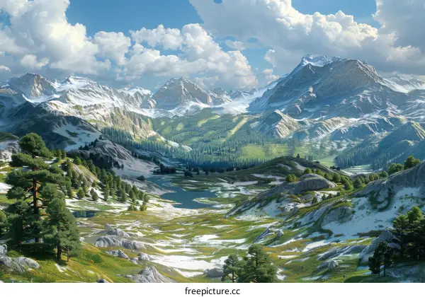 Stunning Mountain Landscape with Snow-Capped Peaks and a Tranquil Valley
