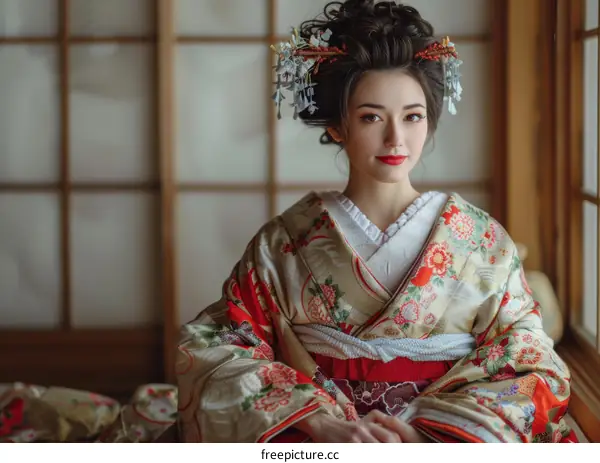 Portrait of a beautiful Japanese woman in traditional kimono