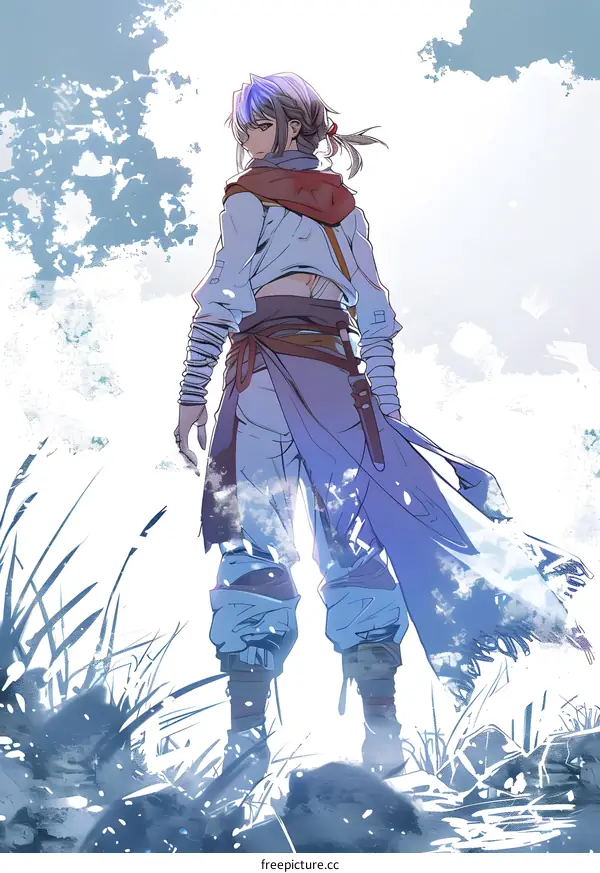 Fantasy Character Illustration of a Young Man in a Blue and White Outfit Standing on a Snowy Landscape