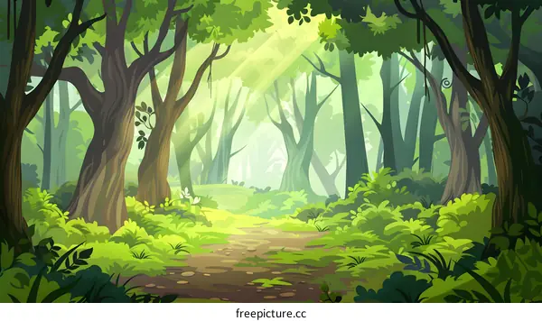 Forest Path with Sunlight Through Trees