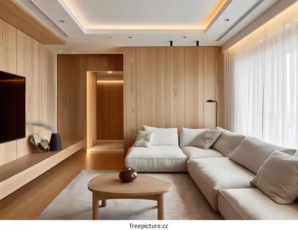 Modern Living Room with Wooden Walls and White Sofa