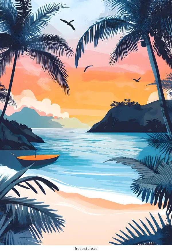 Tropical Beach Sunset Illustration