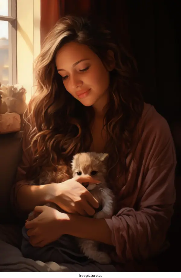 An illustration of a beautiful woman with long brown hair holding a kitten in her arms
