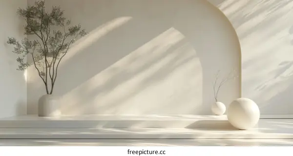 3D rendering of a room with a curved wall and a large sphere