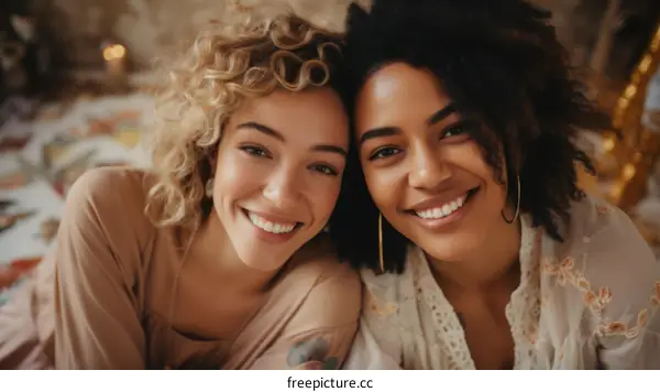 Two young women of different ethnicities smiling at the camera