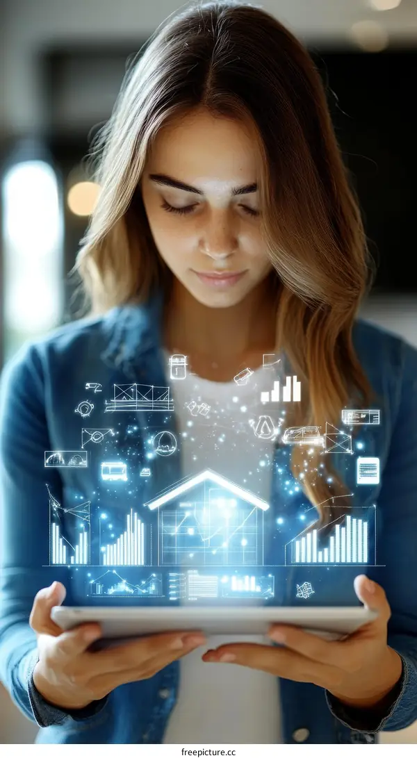 Woman Viewing Digital House Plan on Tablet