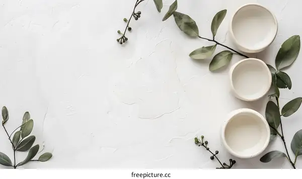 White Background with Green Leaves and Ceramic Bowls