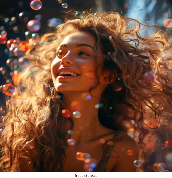 Portrait of a beautiful woman with long curly hair and a happy expression on her face. She is surrounded by colorful bubbles.