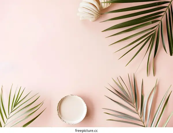 Tropical Leaves and Shell on Pink Background