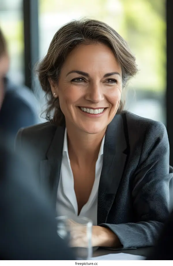 Smiling Businesswoman Looking Away from Camera During a Meeting