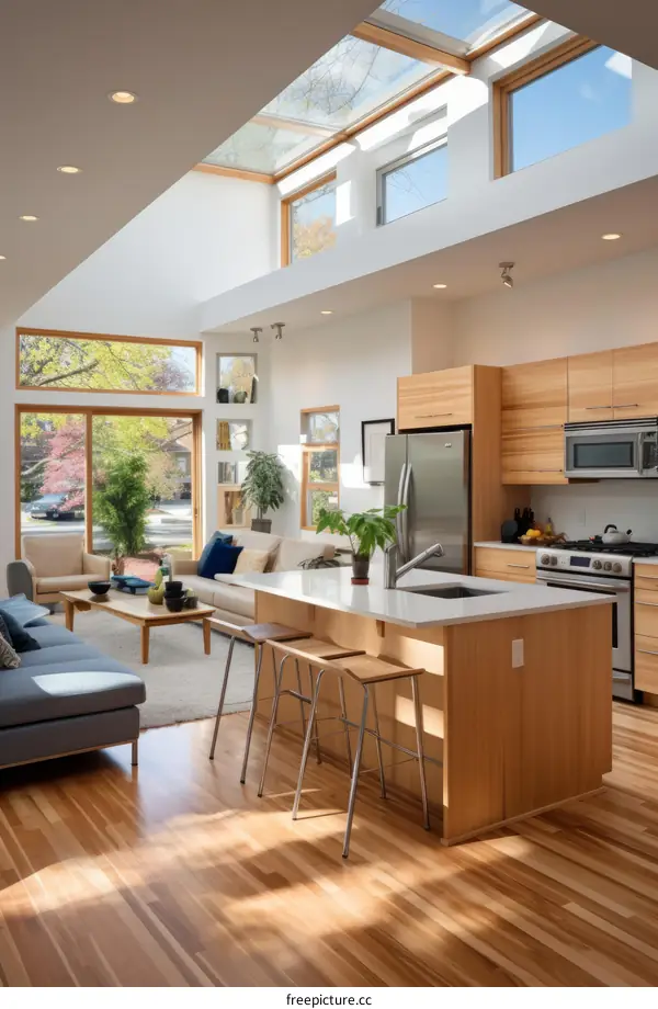 An open-plan living space with a kitchen, dining area, and living room