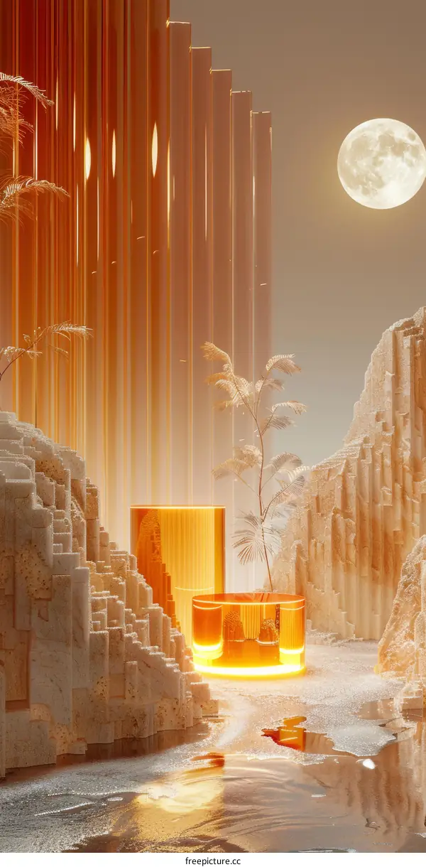 Abstract Scene with Orange Columns and Moonlight
