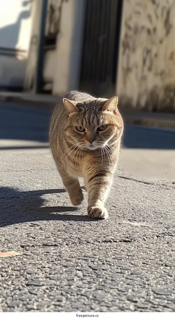 A Tabby Cat Walking on a Street