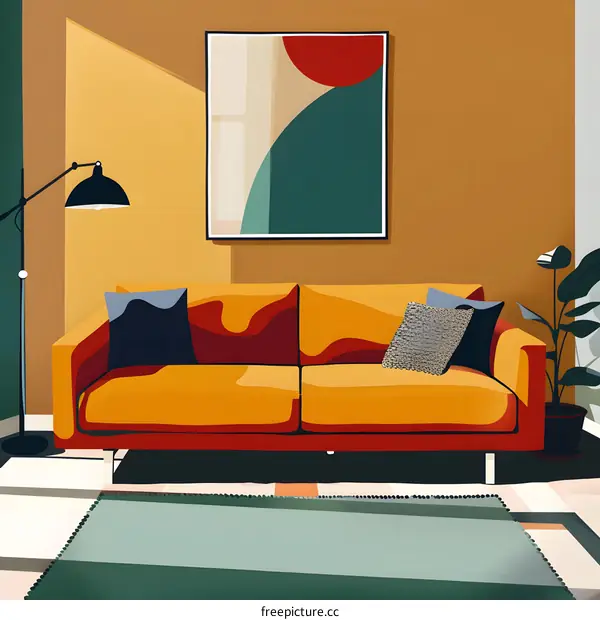 Modern Living Room Interior Design With Yellow Sofa and Abstract Art